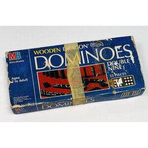 VTG Milton Bradley MB Wooden Dragon DOMINOES Double Nine 55pcs Black 4132 w/ Box